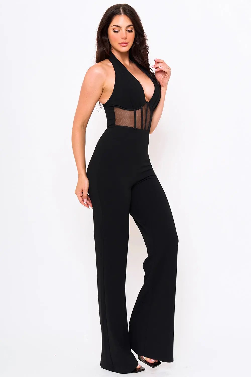Halter Neck Jumpsuit - Pleated Bust, Structured Waist, Bell Bottom BOUTINIE