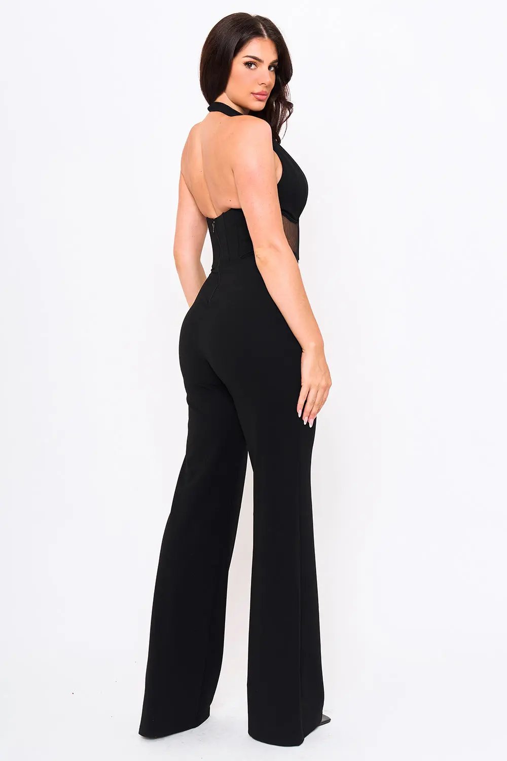 Halter Neck Jumpsuit - Pleated Bust, Structured Waist, Bell Bottom BOUTINIE