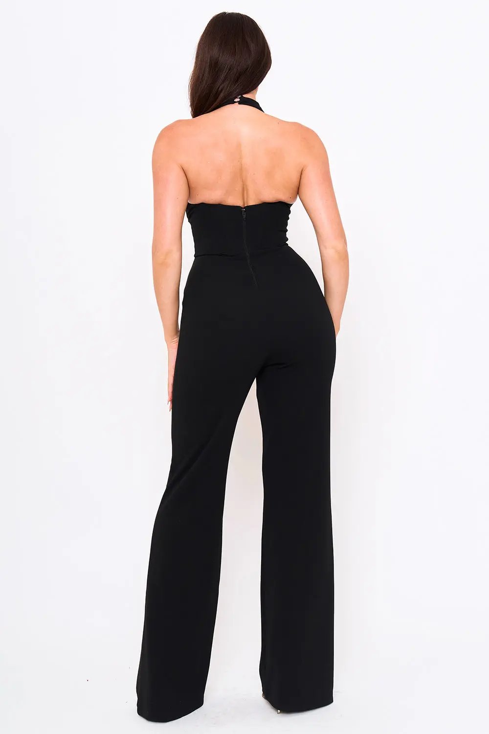 Halter Neck Jumpsuit - Pleated Bust, Structured Waist, Bell Bottom BOUTINIE