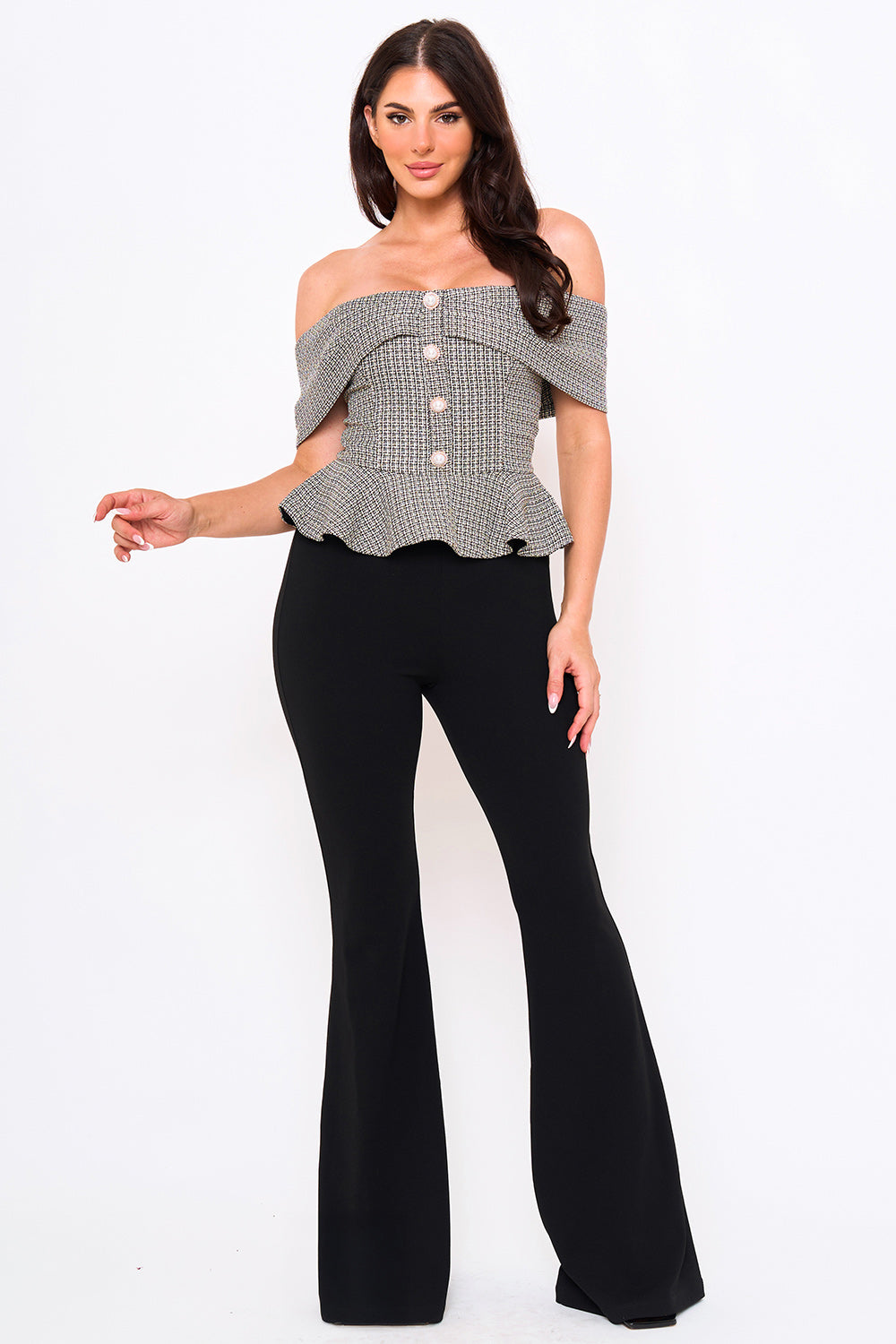 Off-shoulder tweed peplum top with button details and black flared trousers for a chic, sophisticated look.