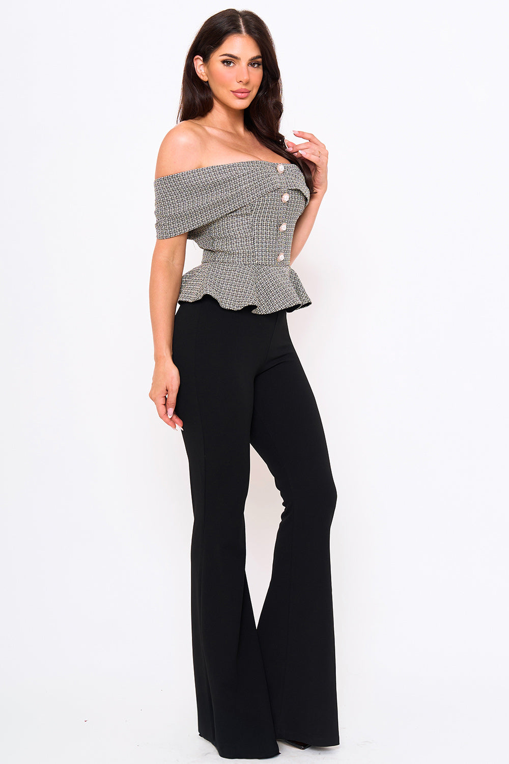 Boutinie off-shoulder tweed peplum top with button detail and black flared trousers for a chic workwear look.
