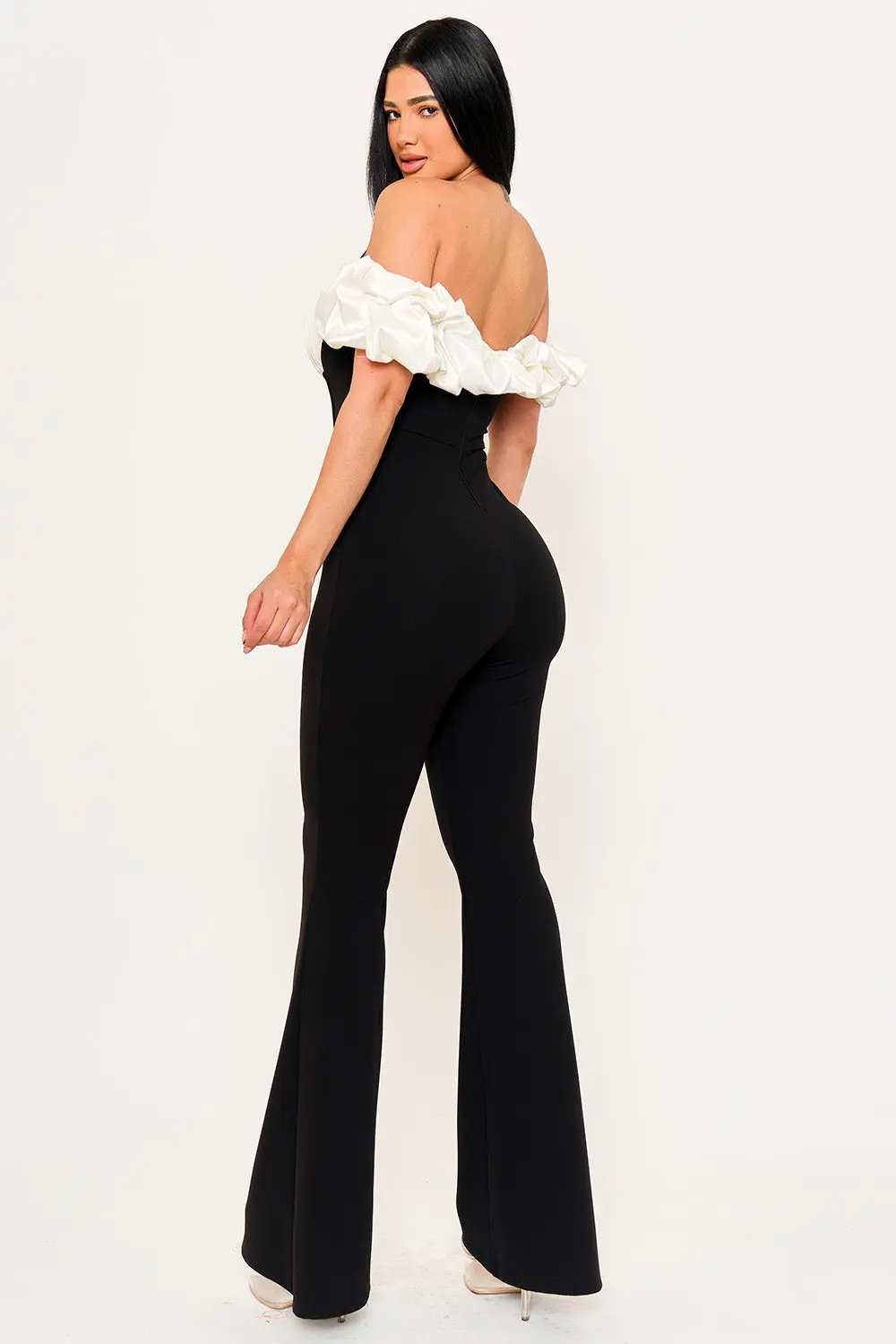 Contrast Fabric Jumpsuit - Satin Techno Crepe With Ruffle Sleeves & Zipper Back BOUTINIE