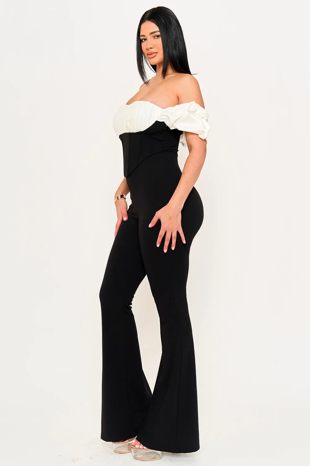 Contrast Fabric Jumpsuit - Satin Techno Crepe With Ruffle Sleeves & Zipper Back BOUTINIE