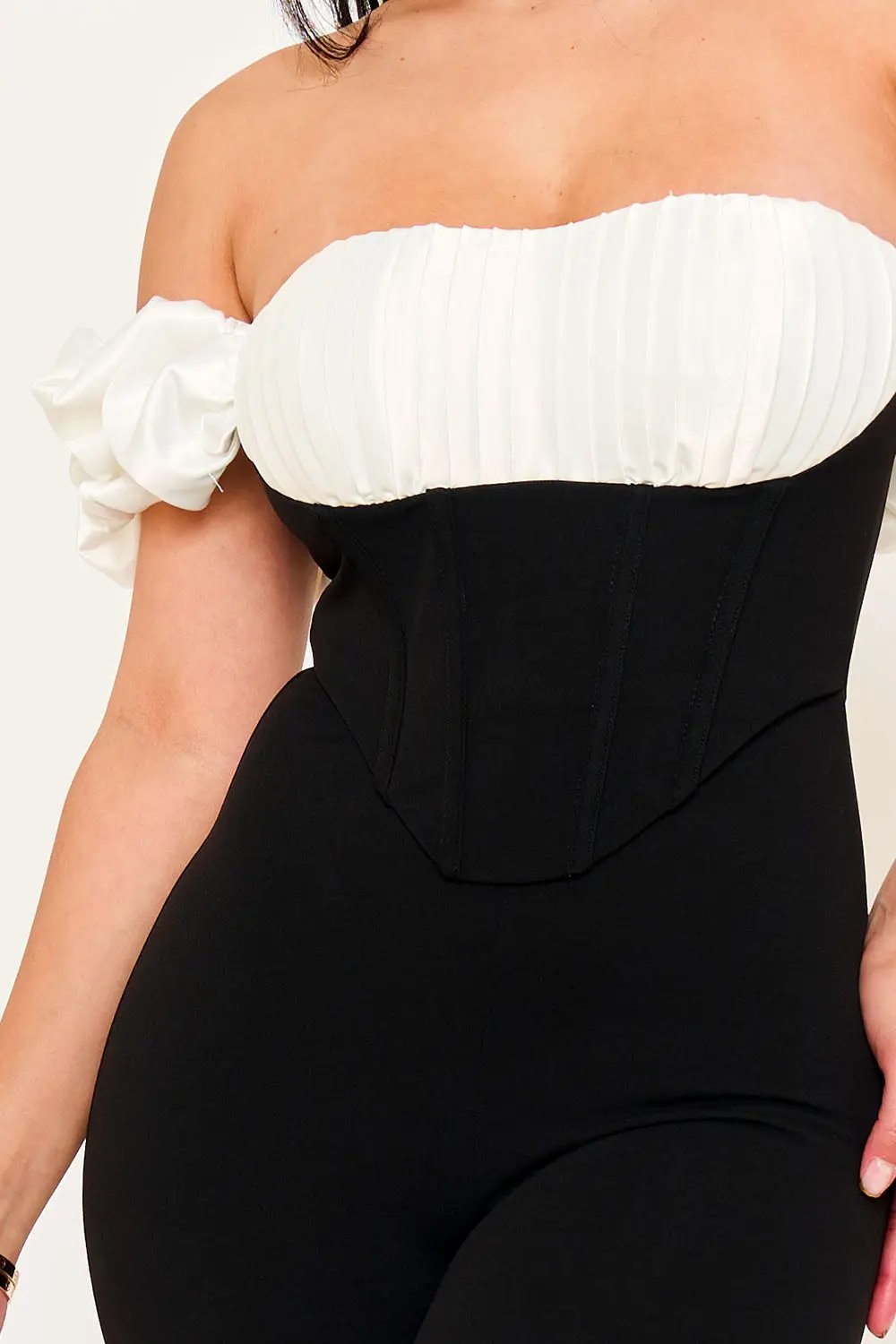 Contrast Fabric Jumpsuit - Satin Techno Crepe With Ruffle Sleeves & Zipper Back BOUTINIE