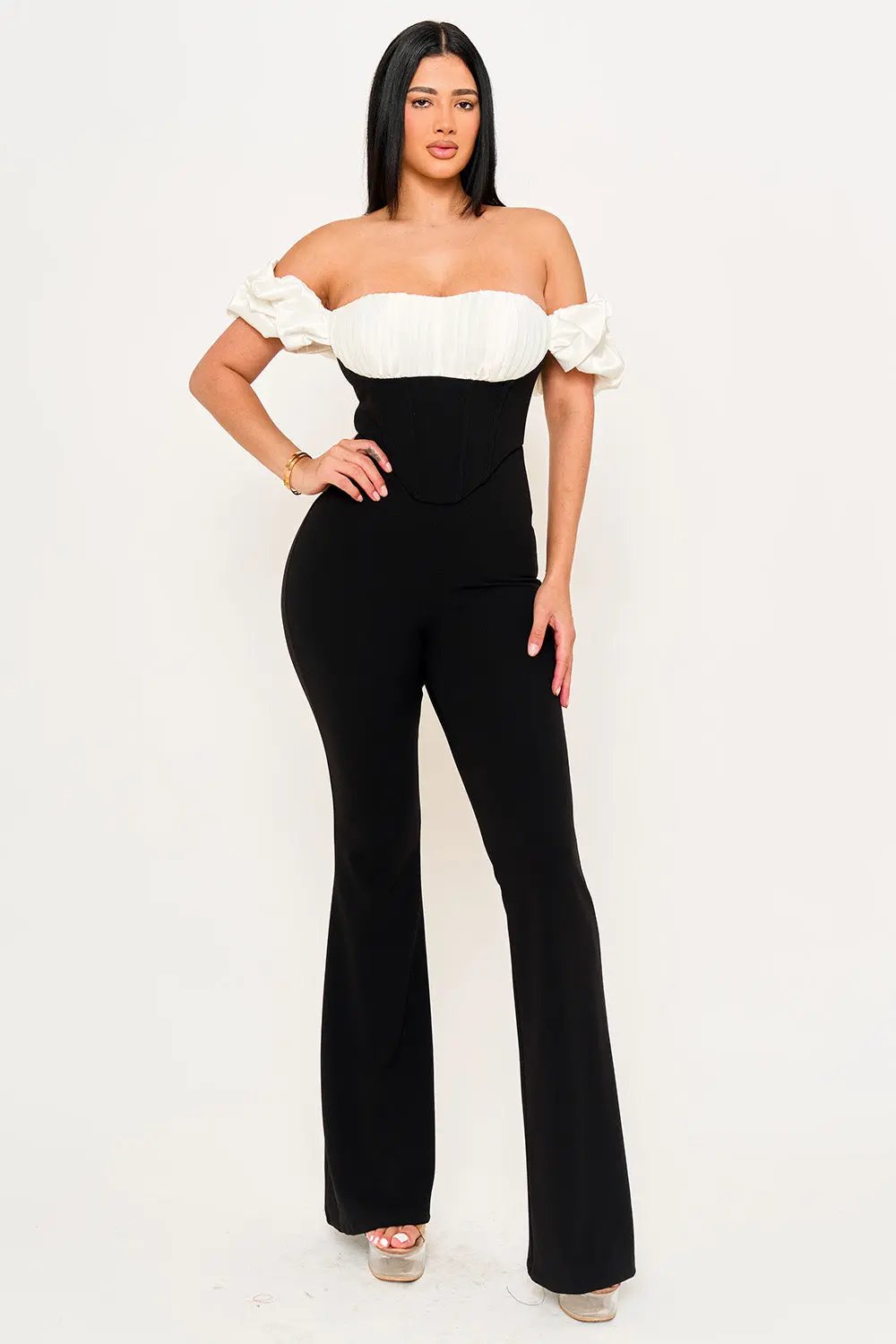 Contrast Fabric Jumpsuit - Satin Techno Crepe With Ruffle Sleeves & Zipper Back BOUTINIE