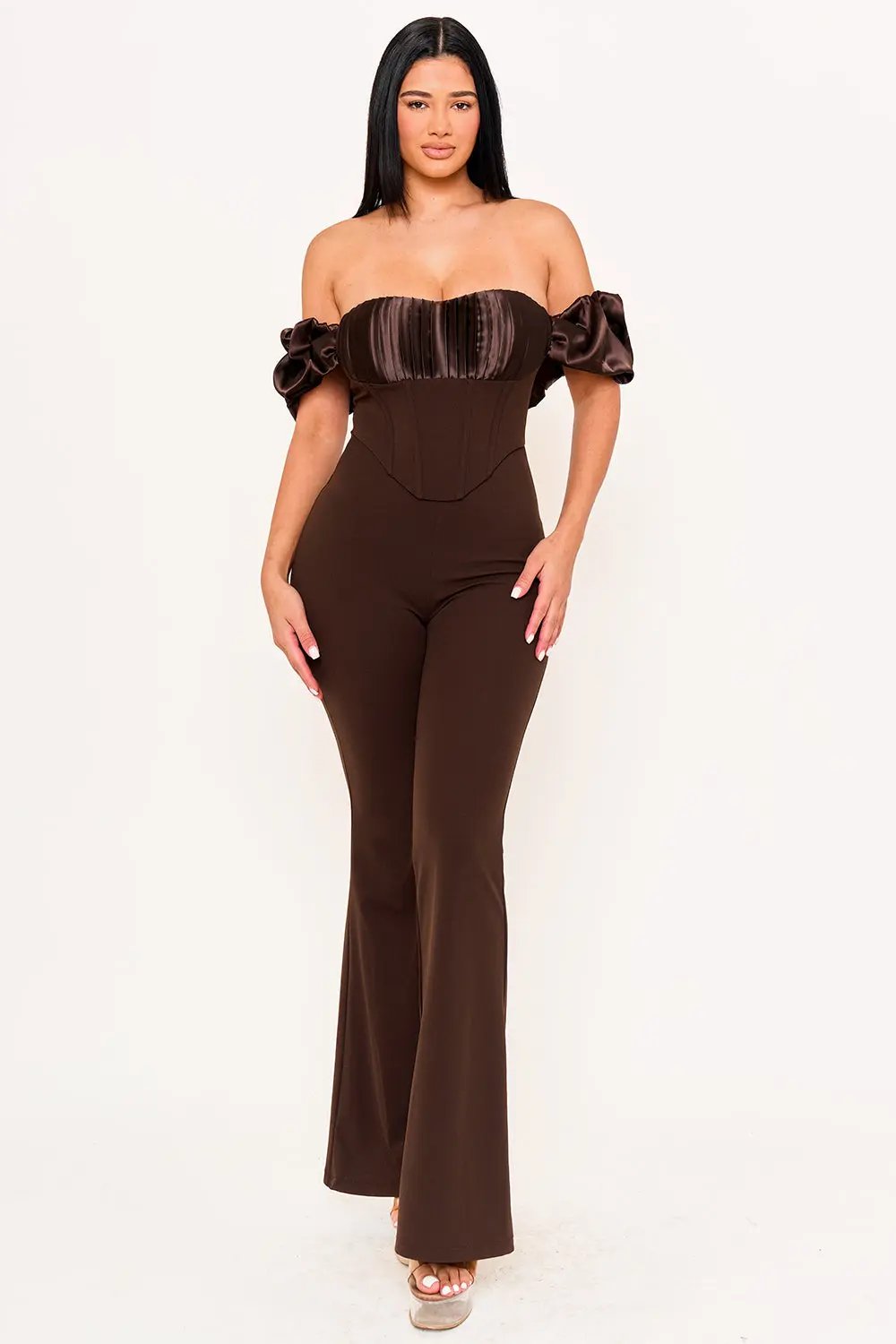 Contrast Fabric Jumpsuit - Satin Techno Crepe With Ruffle Sleeves & Zipper Back BOUTINIE
