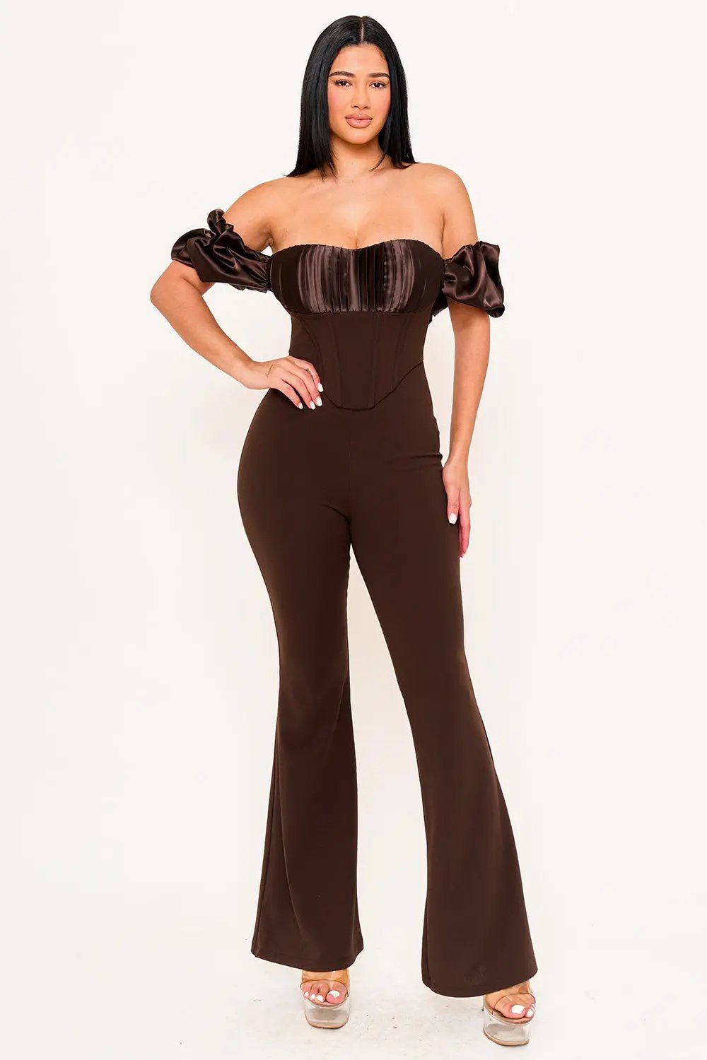 Contrast Fabric Jumpsuit - Satin Techno Crepe With Ruffle Sleeves & Zipper Back BOUTINIE
