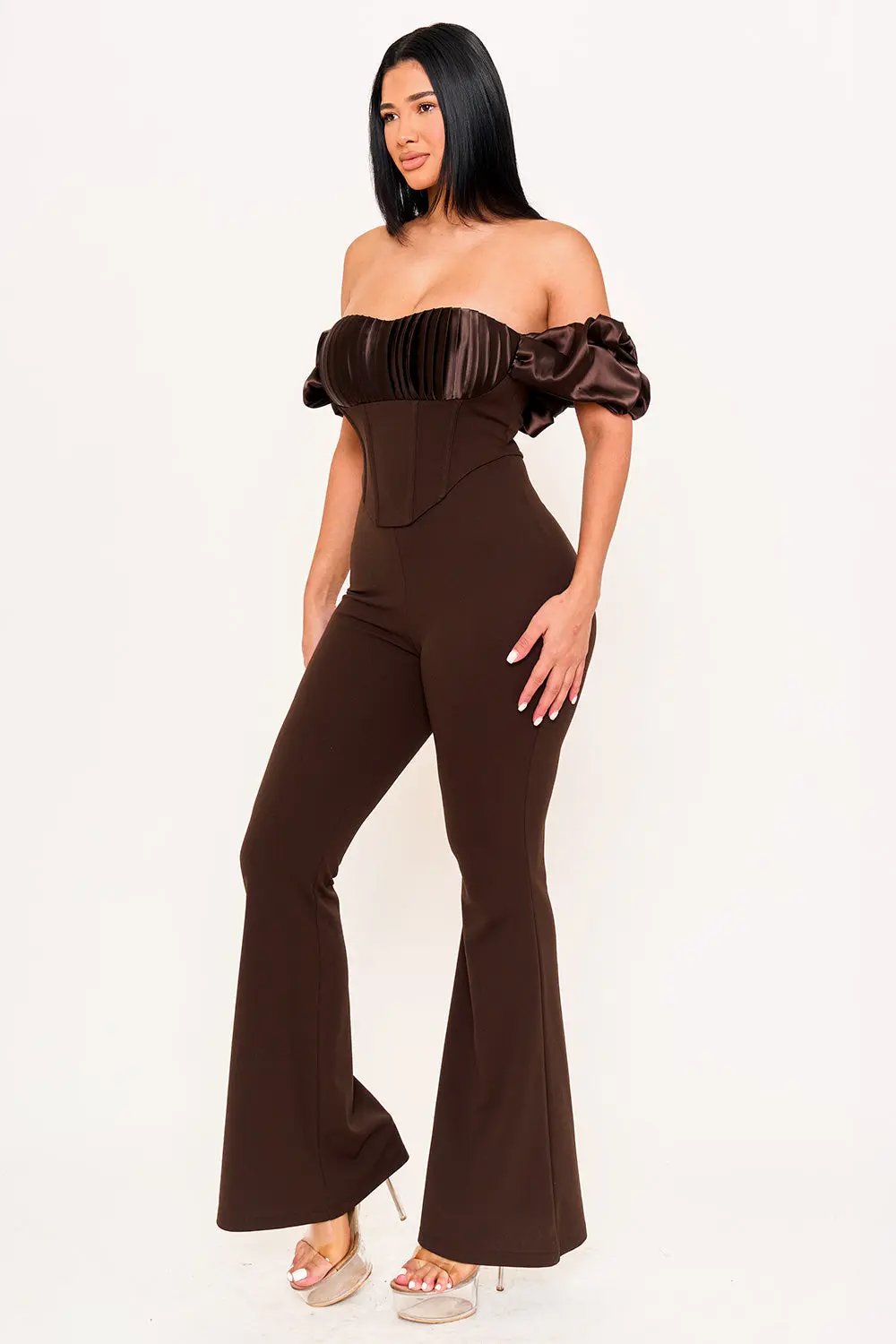 Contrast Fabric Jumpsuit - Satin Techno Crepe With Ruffle Sleeves & Zipper Back BOUTINIE