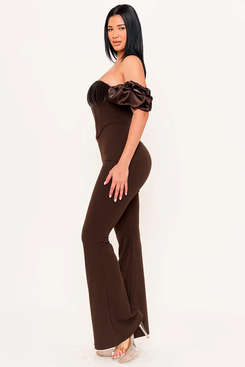 Contrast Fabric Jumpsuit - Satin Techno Crepe With Ruffle Sleeves & Zipper Back BOUTINIE