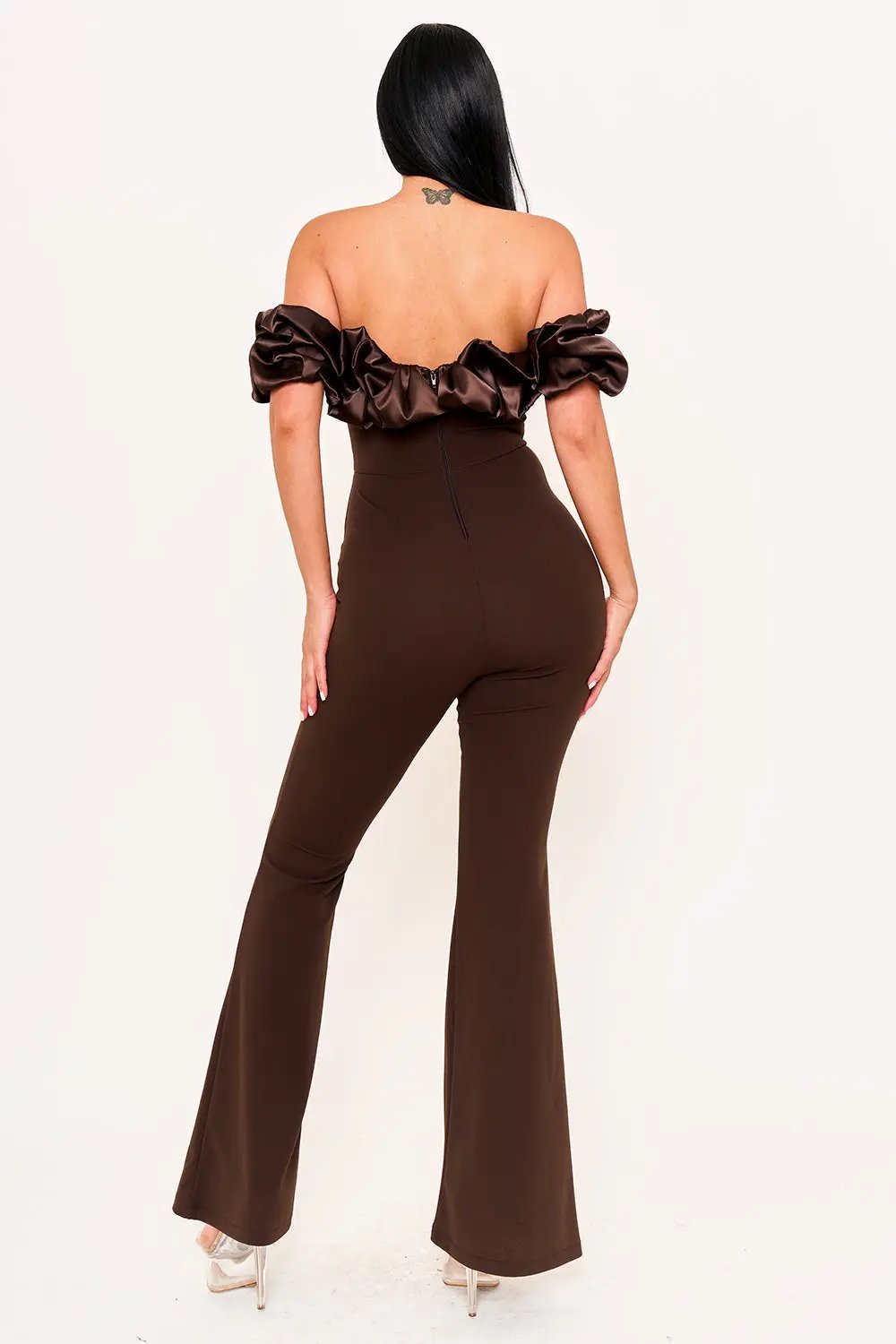 Contrast Fabric Jumpsuit - Satin Techno Crepe With Ruffle Sleeves & Zipper Back BOUTINIE