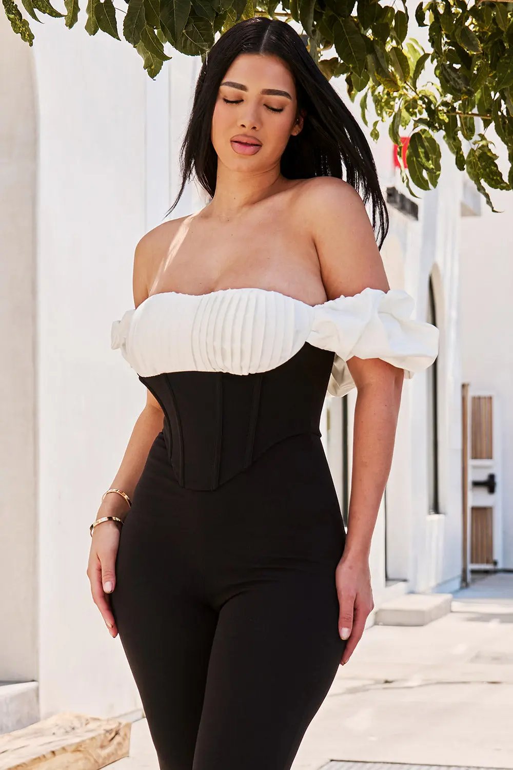 Contrast Fabric Jumpsuit - Satin Techno Crepe With Ruffle Sleeves & Zipper Back BOUTINIE