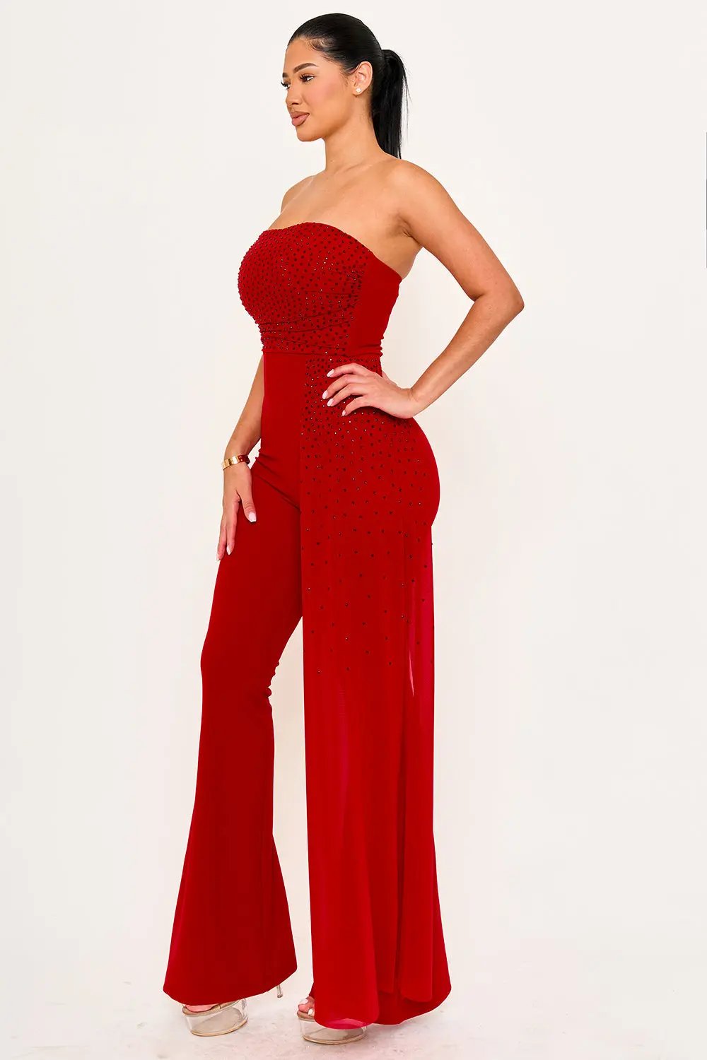 Rhinestone Mesh Jumpsuit | Wide Leg Tube Top With Pleated Waist Detail BOUTINIE
