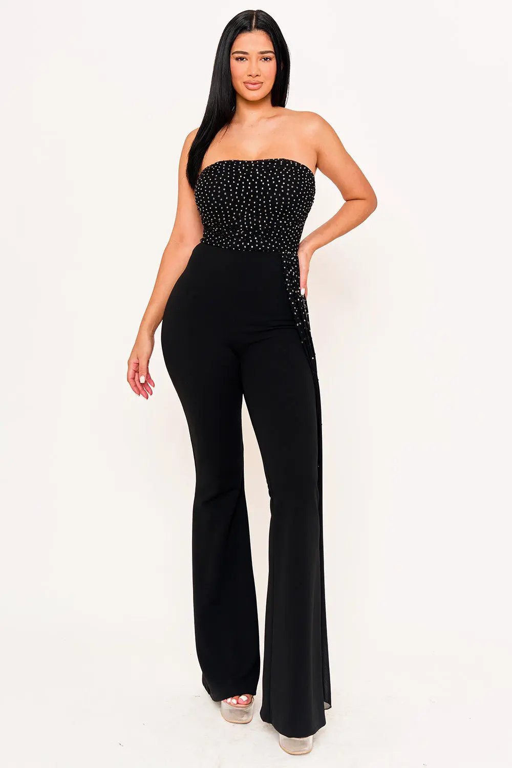 Rhinestone Mesh Jumpsuit | Wide Leg Tube Top With Pleated Waist Detail BOUTINIE
