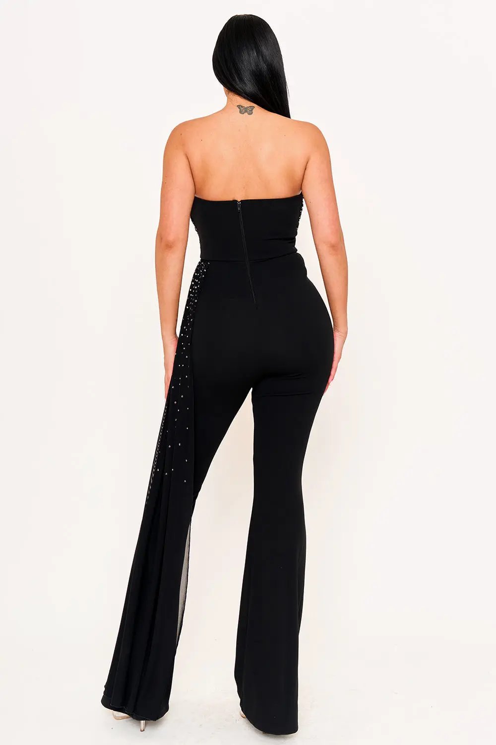Rhinestone Mesh Jumpsuit | Wide Leg Tube Top With Pleated Waist Detail BOUTINIE