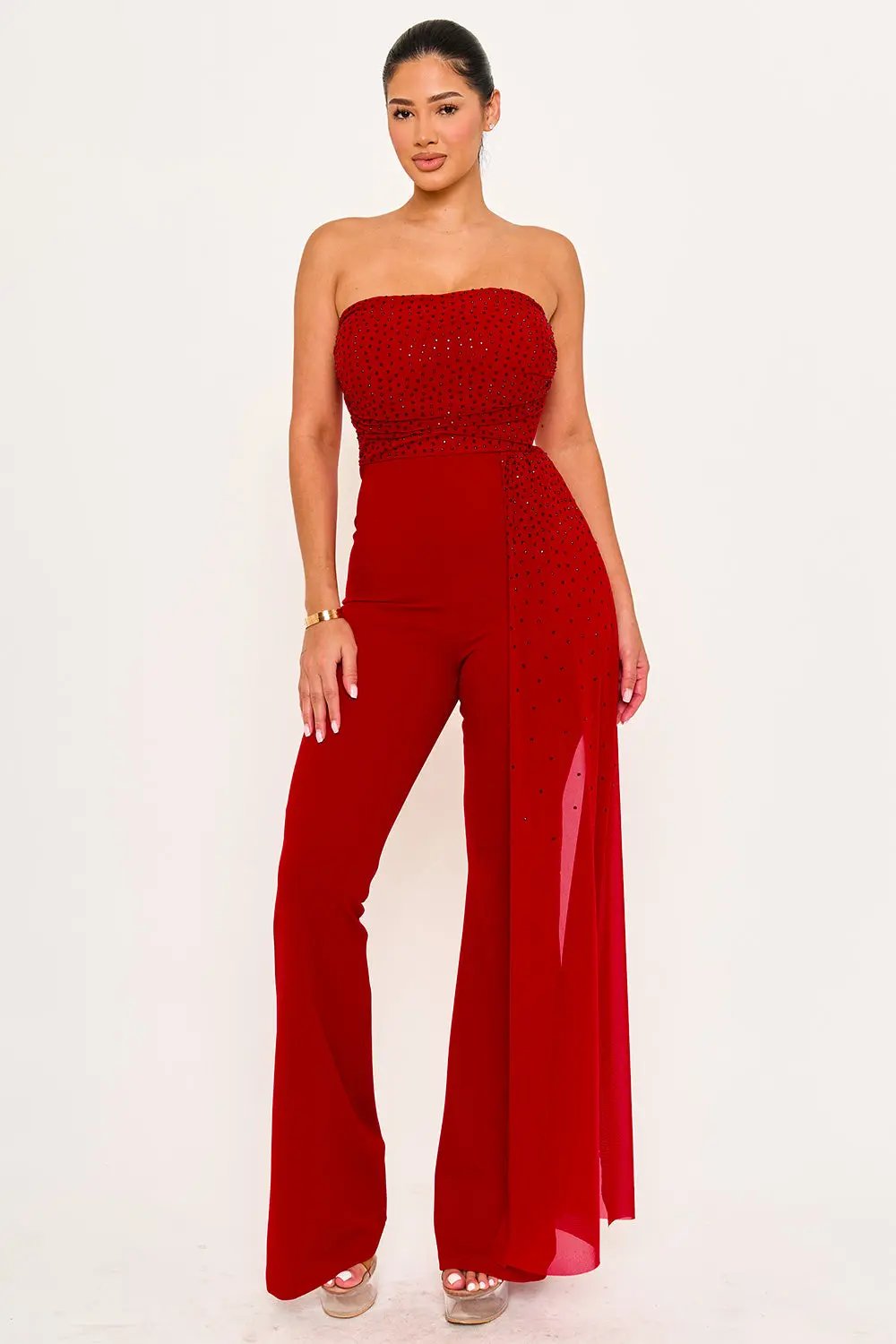 Rhinestone Mesh Jumpsuit | Wide Leg Tube Top With Pleated Waist Detail BOUTINIE