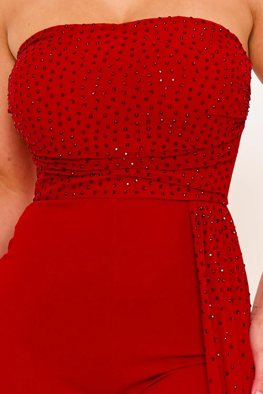 Rhinestone Mesh Jumpsuit | Wide Leg Tube Top With Pleated Waist Detail BOUTINIE