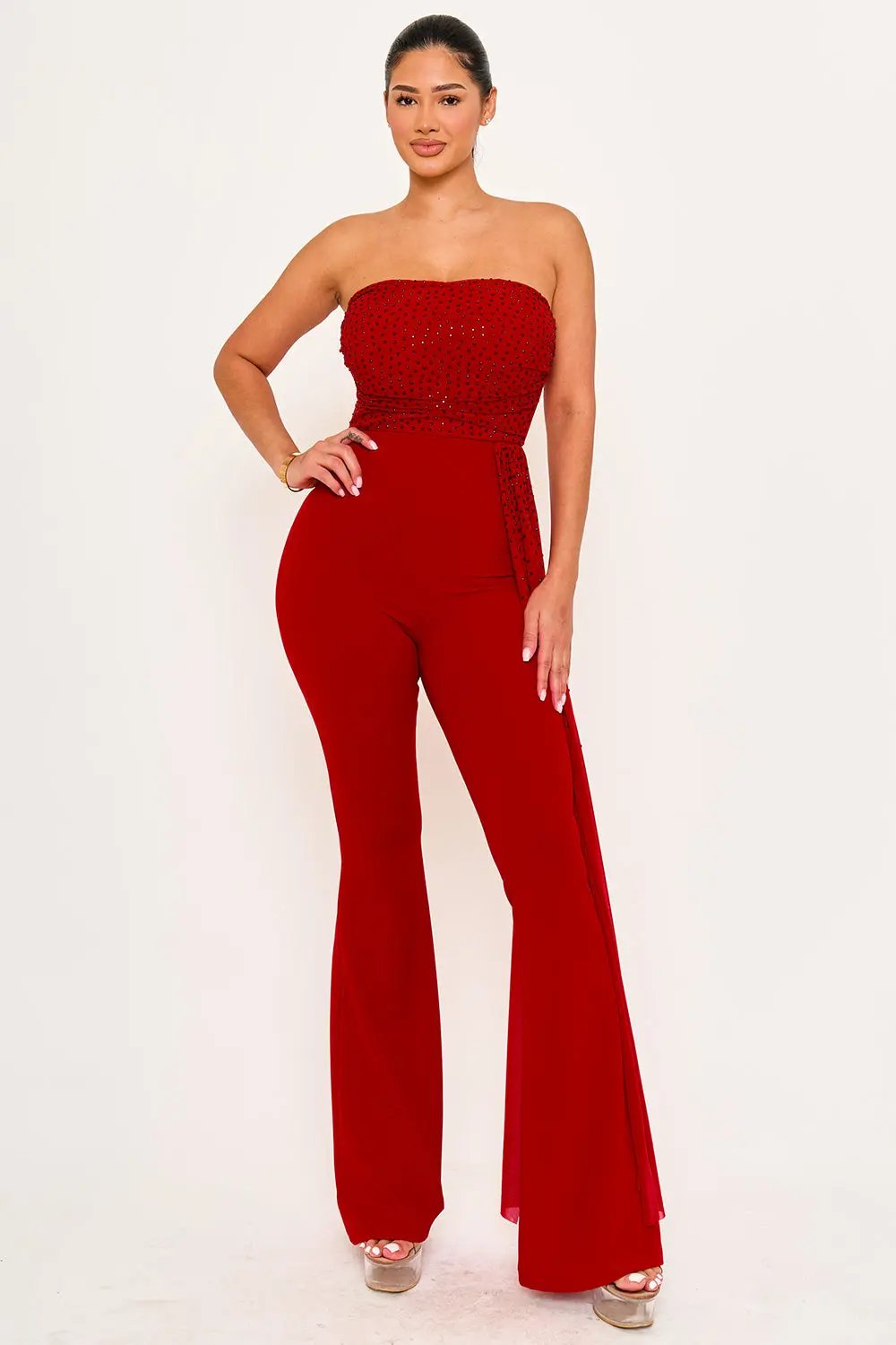 Rhinestone Mesh Jumpsuit | Wide Leg Tube Top With Pleated Waist Detail BOUTINIE