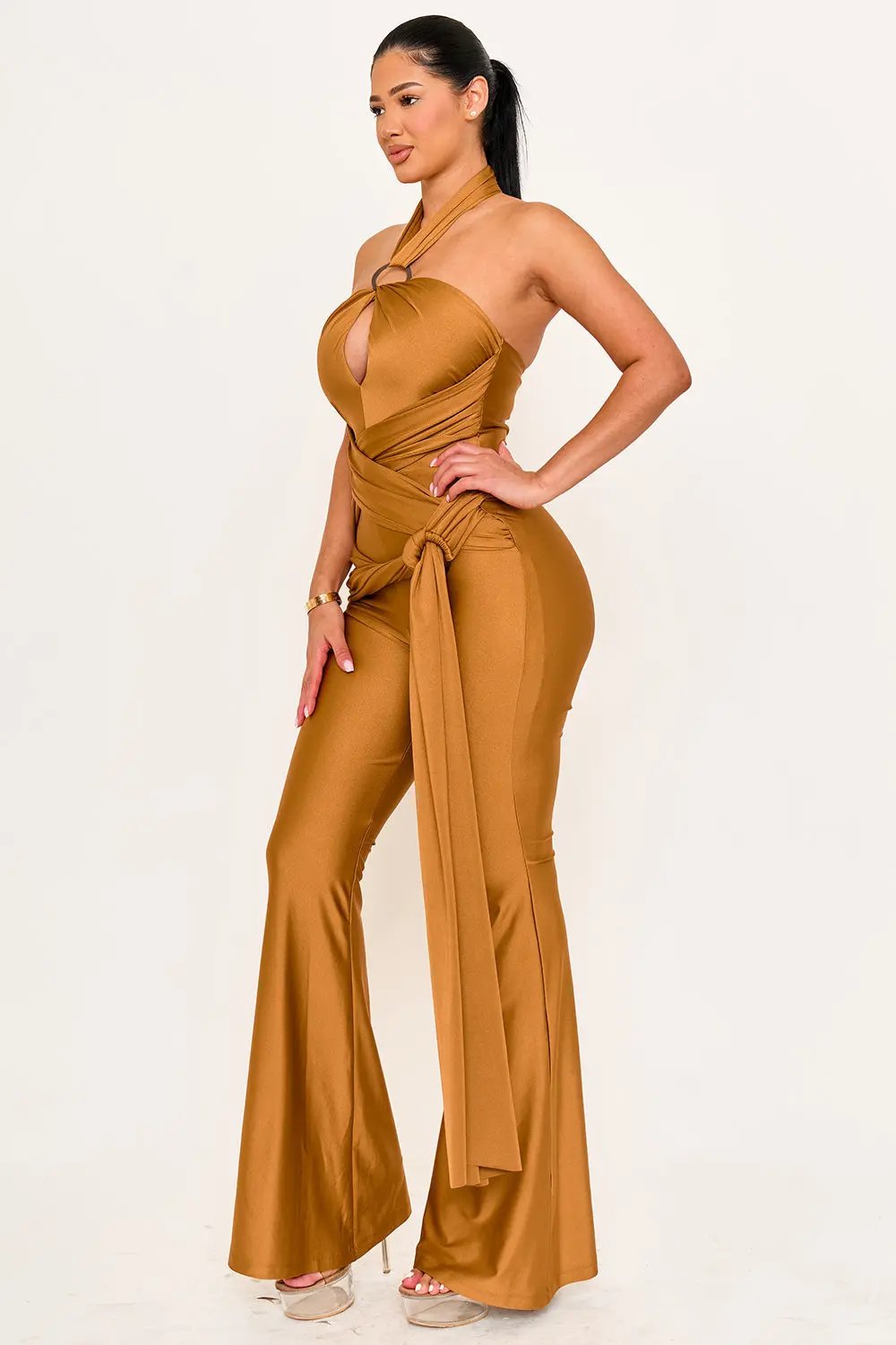 Halter Top Jumpsuit - Wrap Bell Bottom Casual BOUTINIE