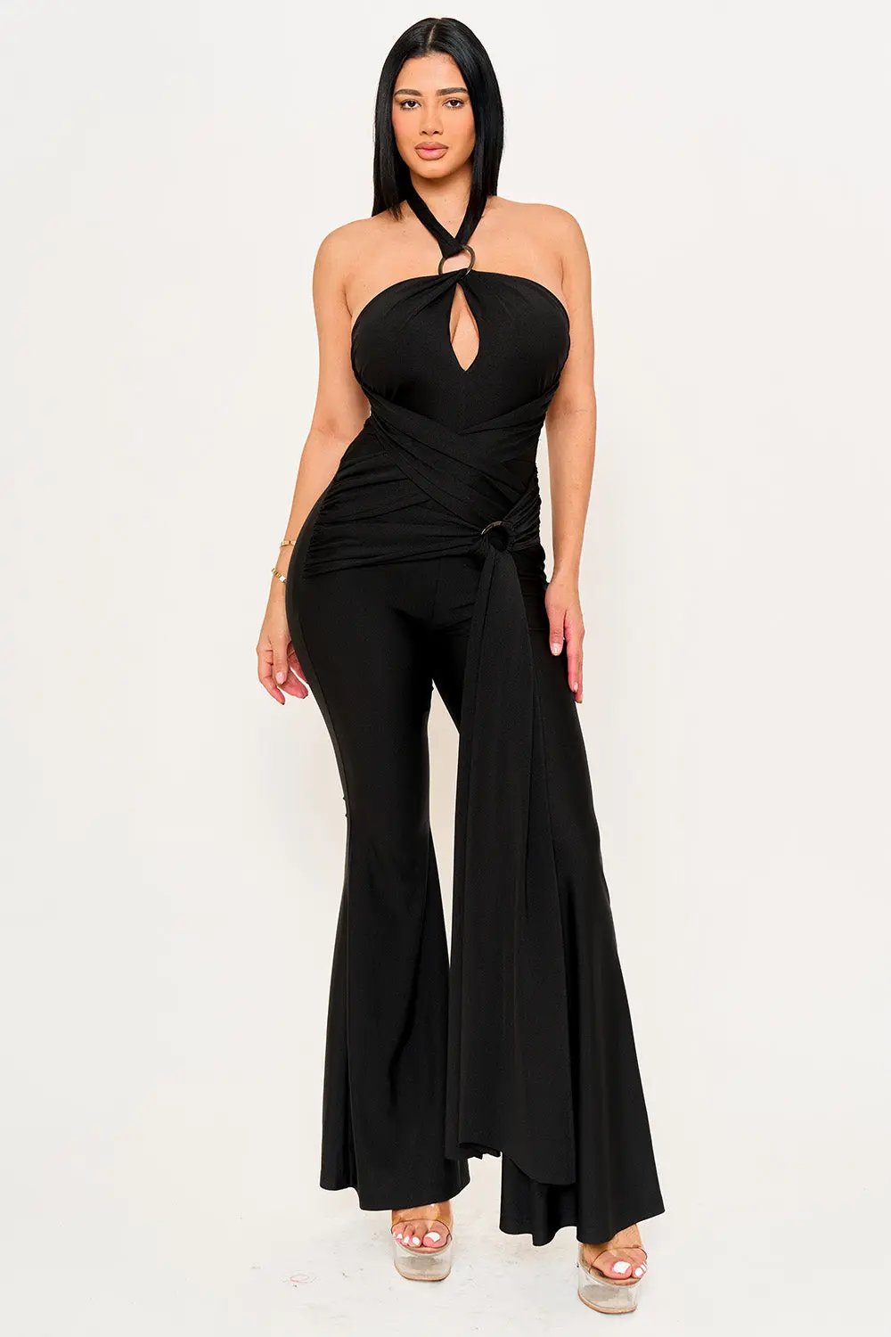 Halter Top Jumpsuit - Wrap Bell Bottom Casual BOUTINIE