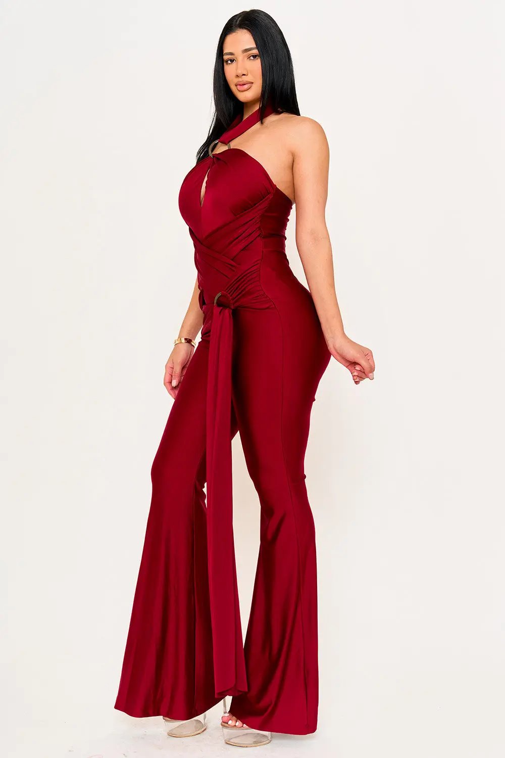 Halter Top Jumpsuit - Wrap Bell Bottom Casual BOUTINIE