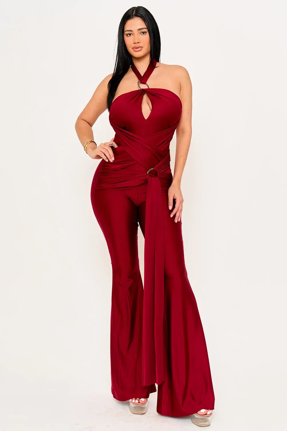 Halter Top Jumpsuit - Wrap Bell Bottom Casual BOUTINIE