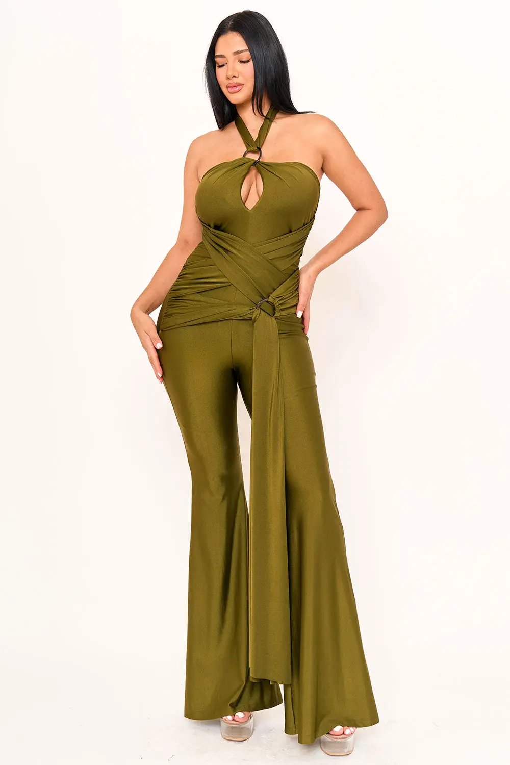 Halter Top Jumpsuit - Wrap Bell Bottom Casual BOUTINIE