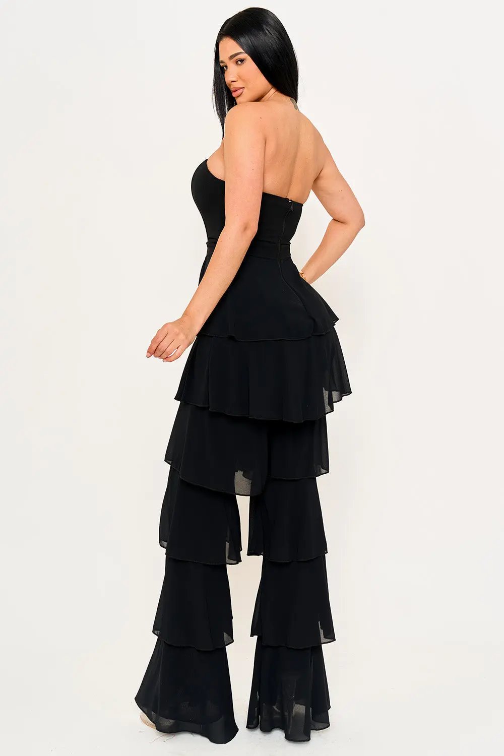 Techno Crepe Jumpsuit With Chiffon Contrast & Layer Ruffle Pants BOUTINIE