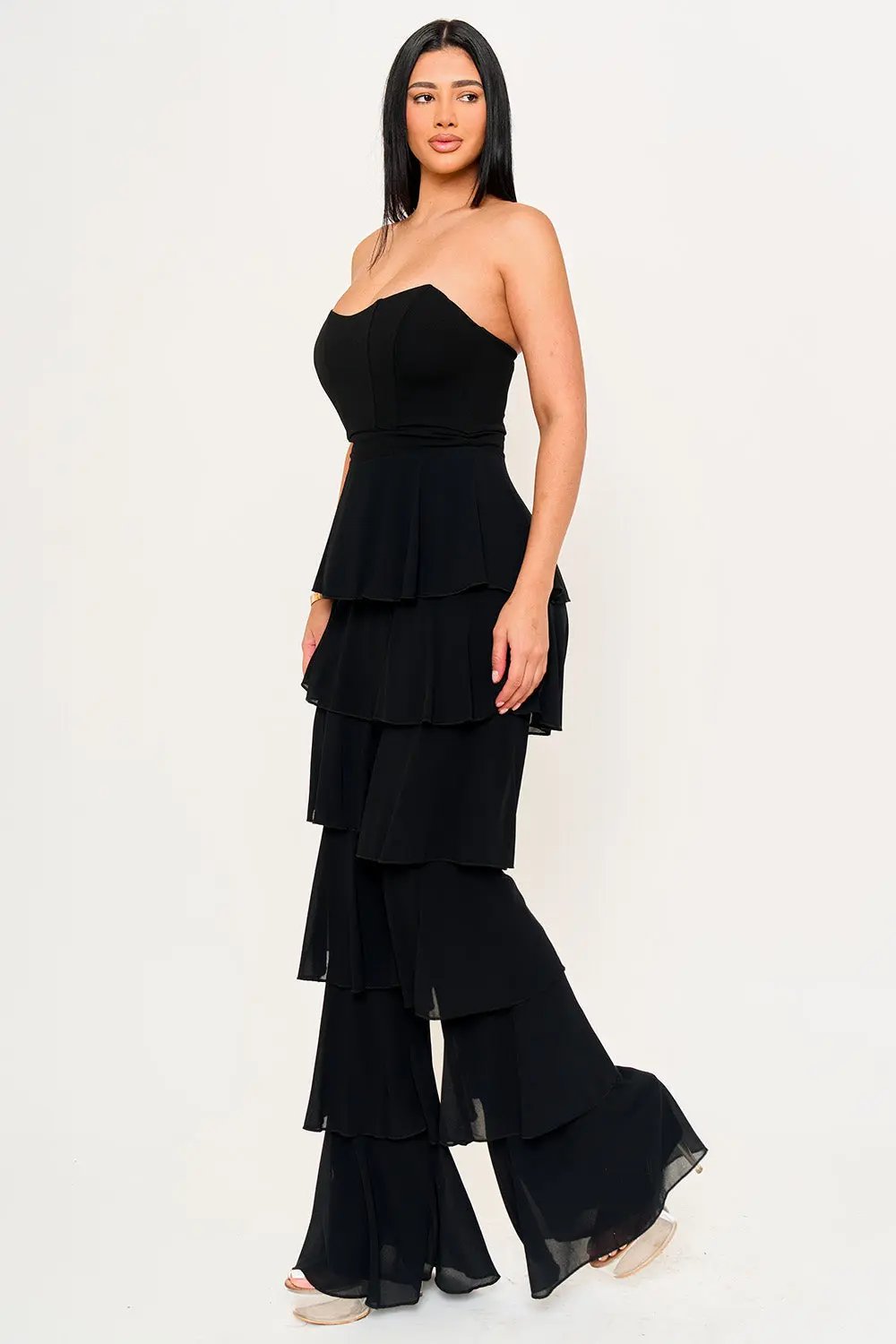 Techno Crepe Jumpsuit With Chiffon Contrast & Layer Ruffle Pants BOUTINIE