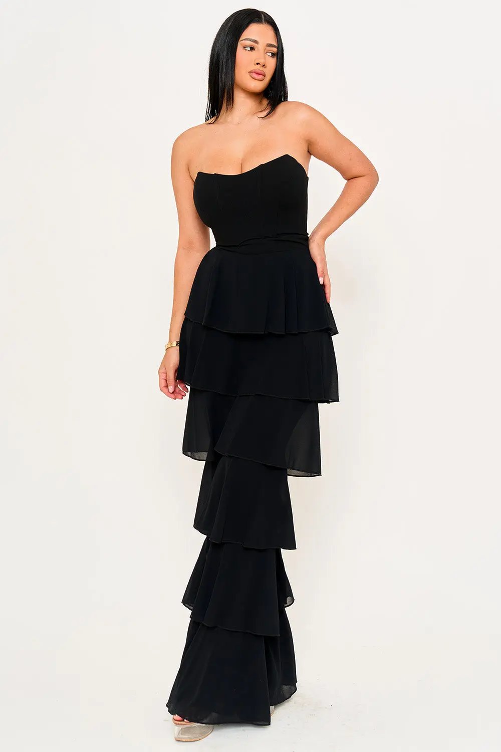 Techno Crepe Jumpsuit With Chiffon Contrast & Layer Ruffle Pants BOUTINIE