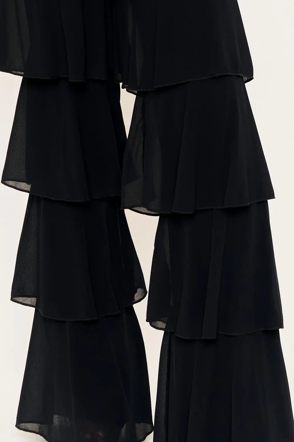 Techno Crepe Jumpsuit With Chiffon Contrast & Layer Ruffle Pants BOUTINIE