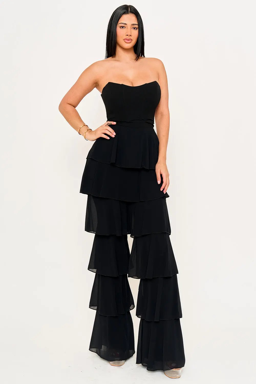 Techno Crepe Jumpsuit With Chiffon Contrast & Layer Ruffle Pants BOUTINIE