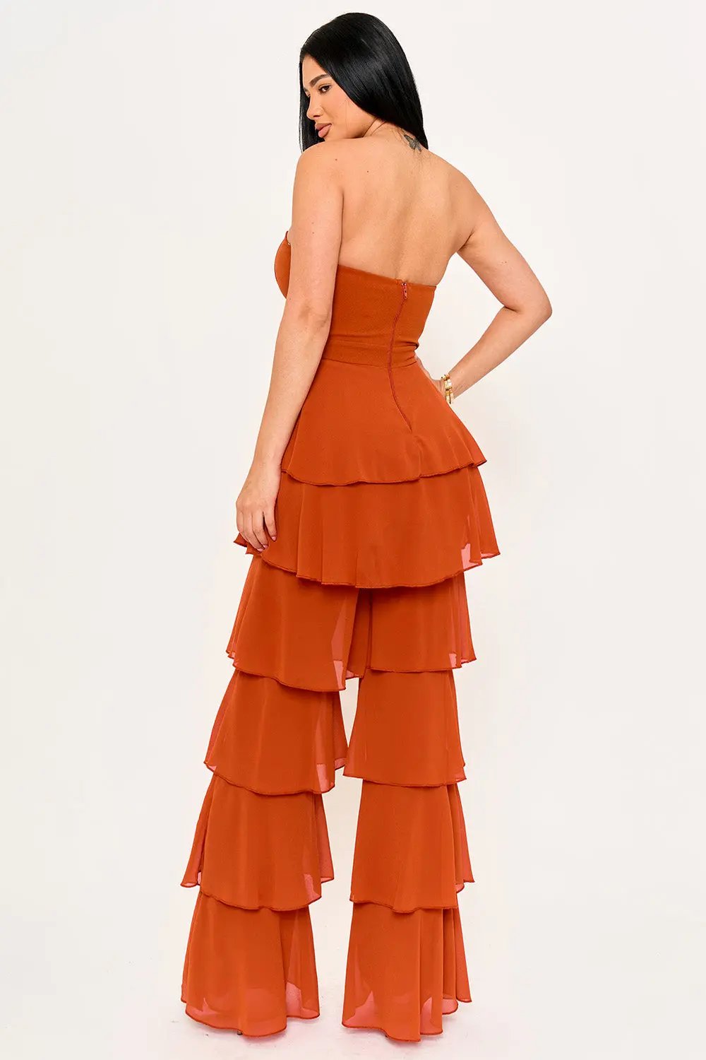 Techno Crepe Jumpsuit With Chiffon Contrast & Layer Ruffle Pants BOUTINIE