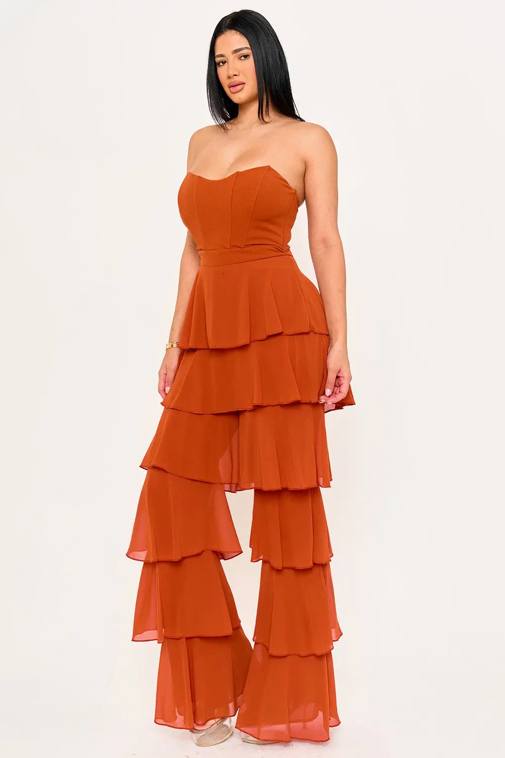 Techno Crepe Jumpsuit With Chiffon Contrast & Layer Ruffle Pants BOUTINIE