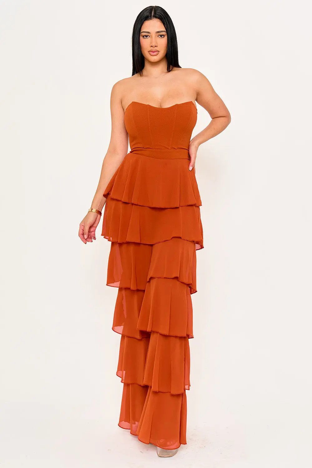 Techno Crepe Jumpsuit With Chiffon Contrast & Layer Ruffle Pants BOUTINIE