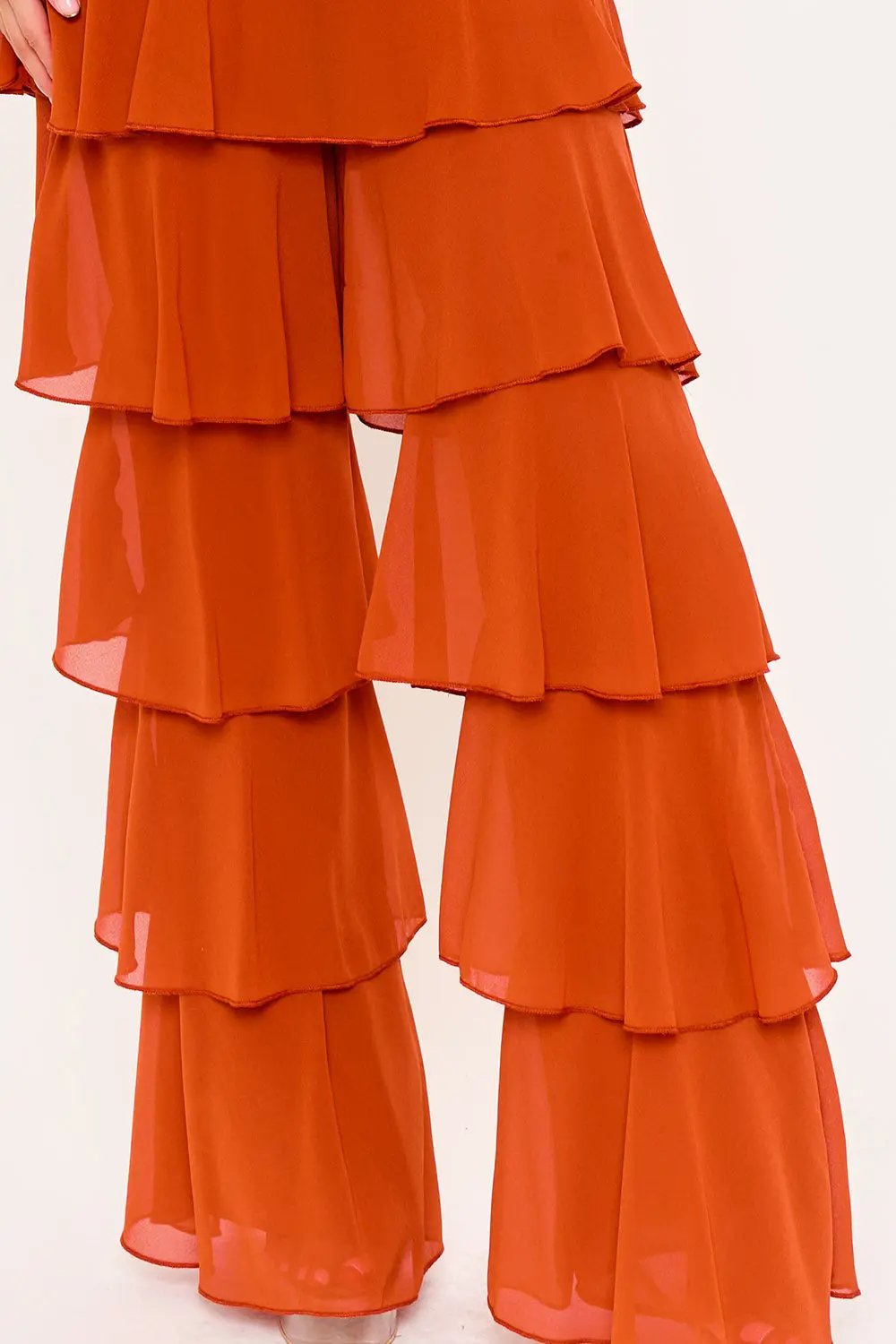 Techno Crepe Jumpsuit With Chiffon Contrast & Layer Ruffle Pants BOUTINIE