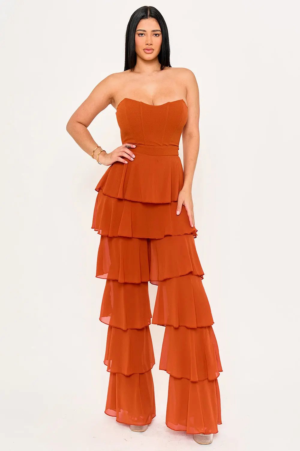 Techno Crepe Jumpsuit With Chiffon Contrast & Layer Ruffle Pants BOUTINIE