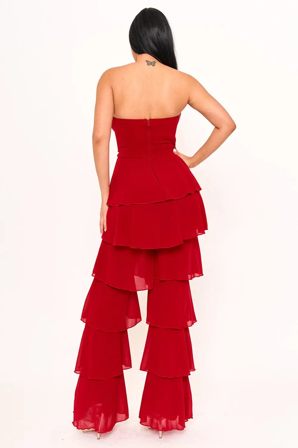 Techno Crepe Jumpsuit With Chiffon Contrast & Layer Ruffle Pants BOUTINIE
