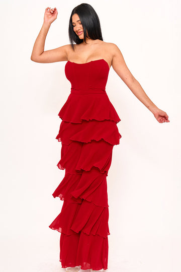 Red strapless midi dress with a corset bodice and tiered ruffled skirt, perfect for formal events from Boutinie.
