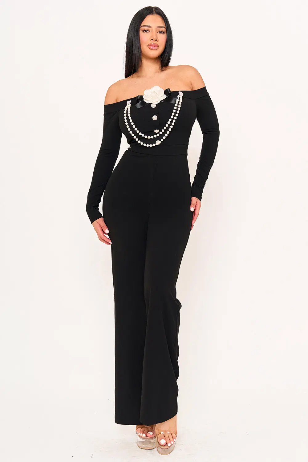 Off Shoulder Jumpsuit - Contrast Trim Bell Bottom BOUTINIE