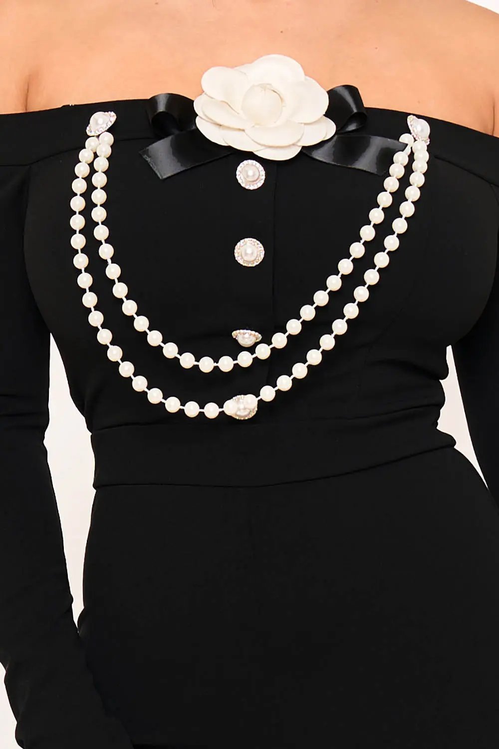 Off Shoulder Jumpsuit - Contrast Trim Bell Bottom BOUTINIE