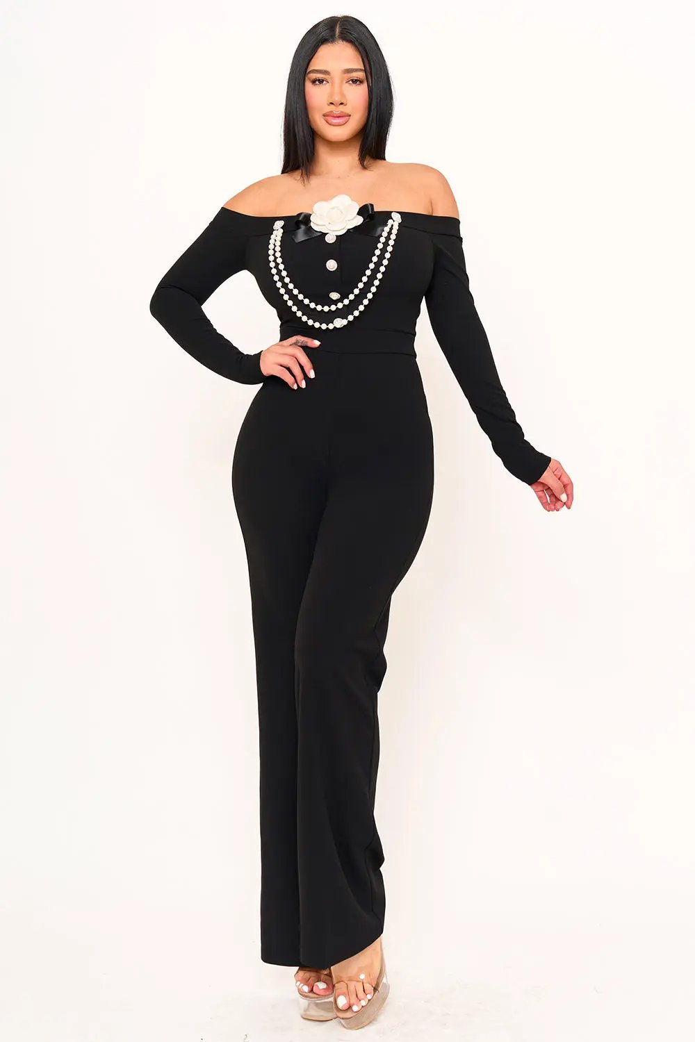Off Shoulder Jumpsuit - Contrast Trim Bell Bottom BOUTINIE