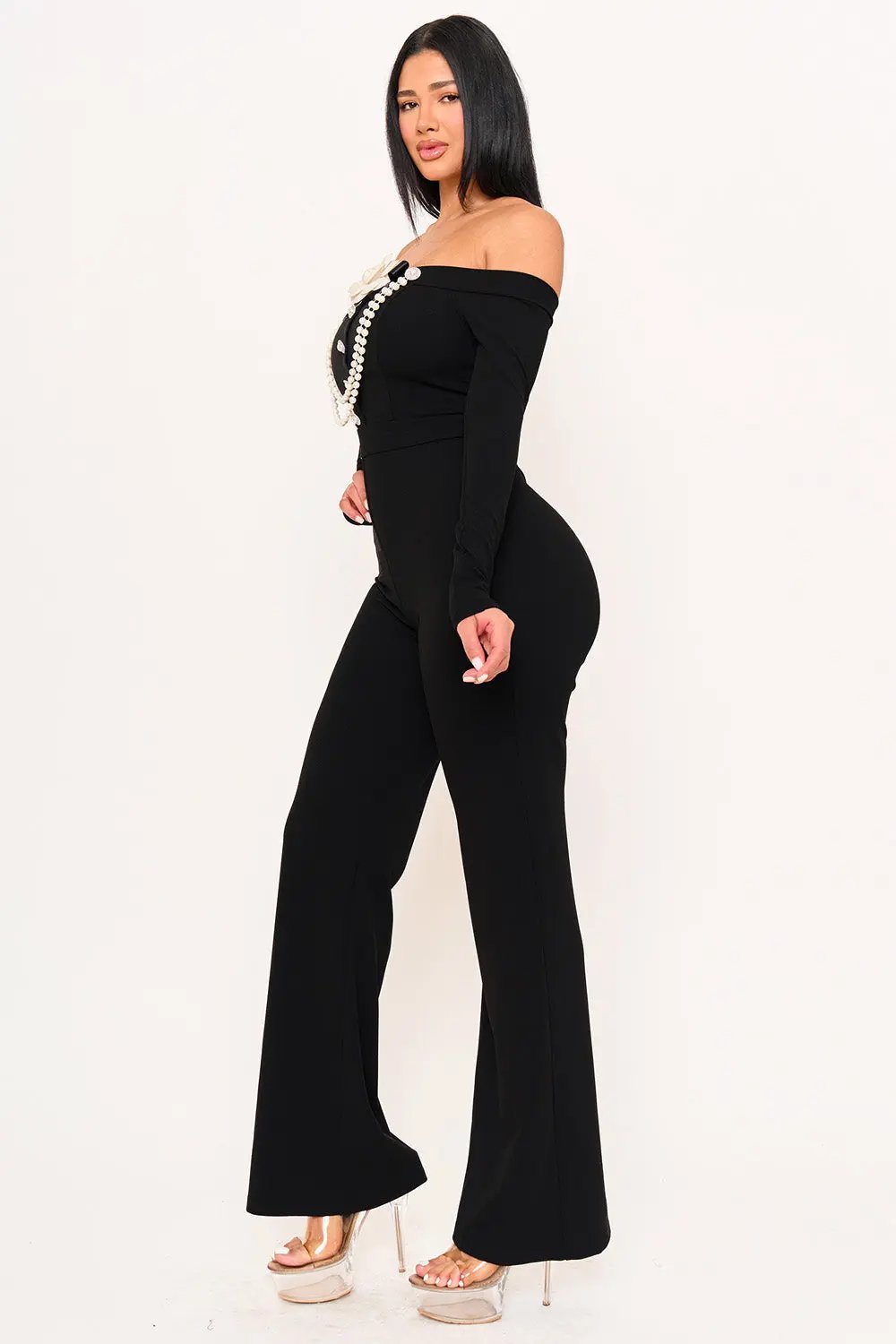 Off Shoulder Jumpsuit - Contrast Trim Bell Bottom BOUTINIE