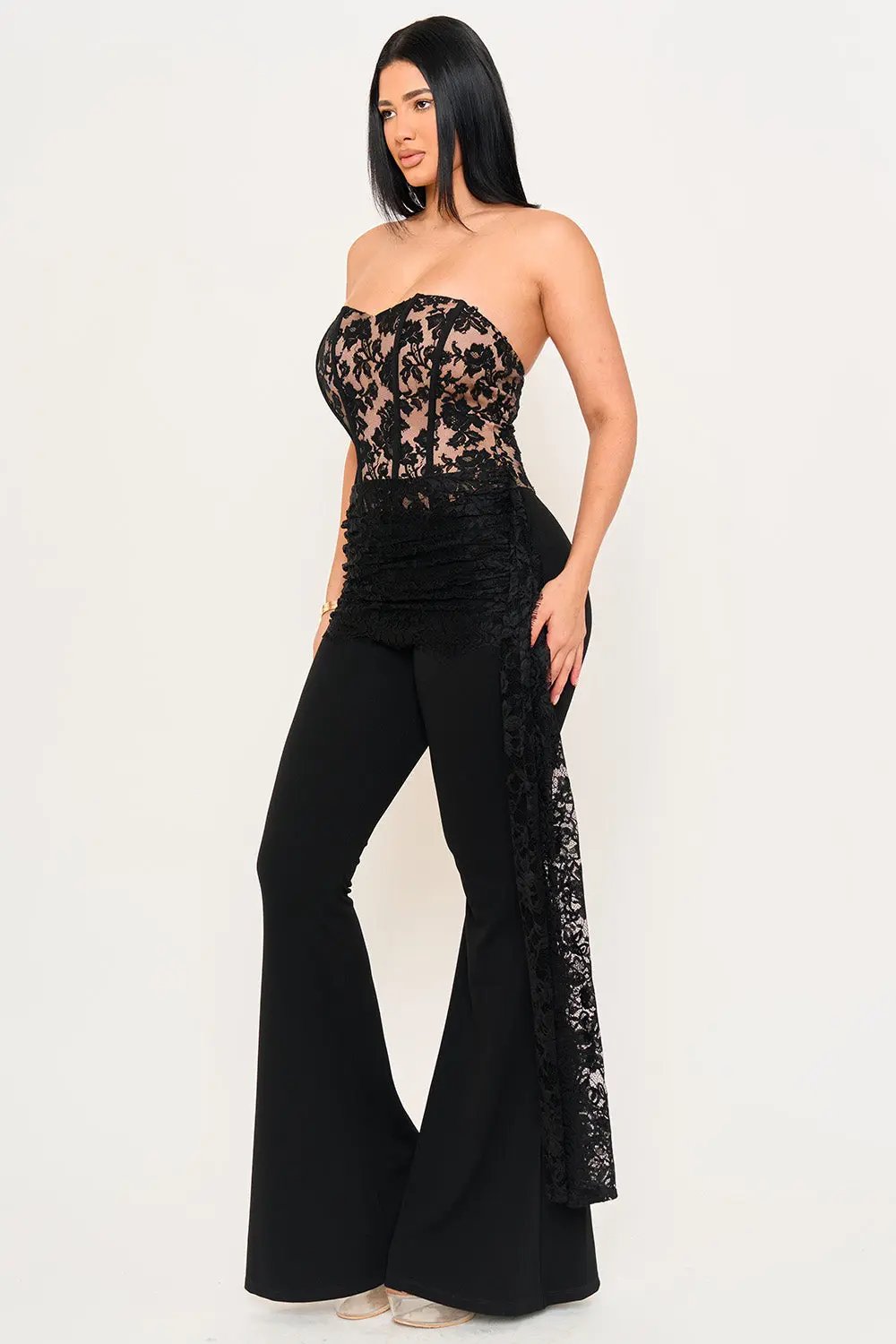 Lace Bustier Jumpsuit With Shirring Lace Detail & Bell Bottom BOUTINIE