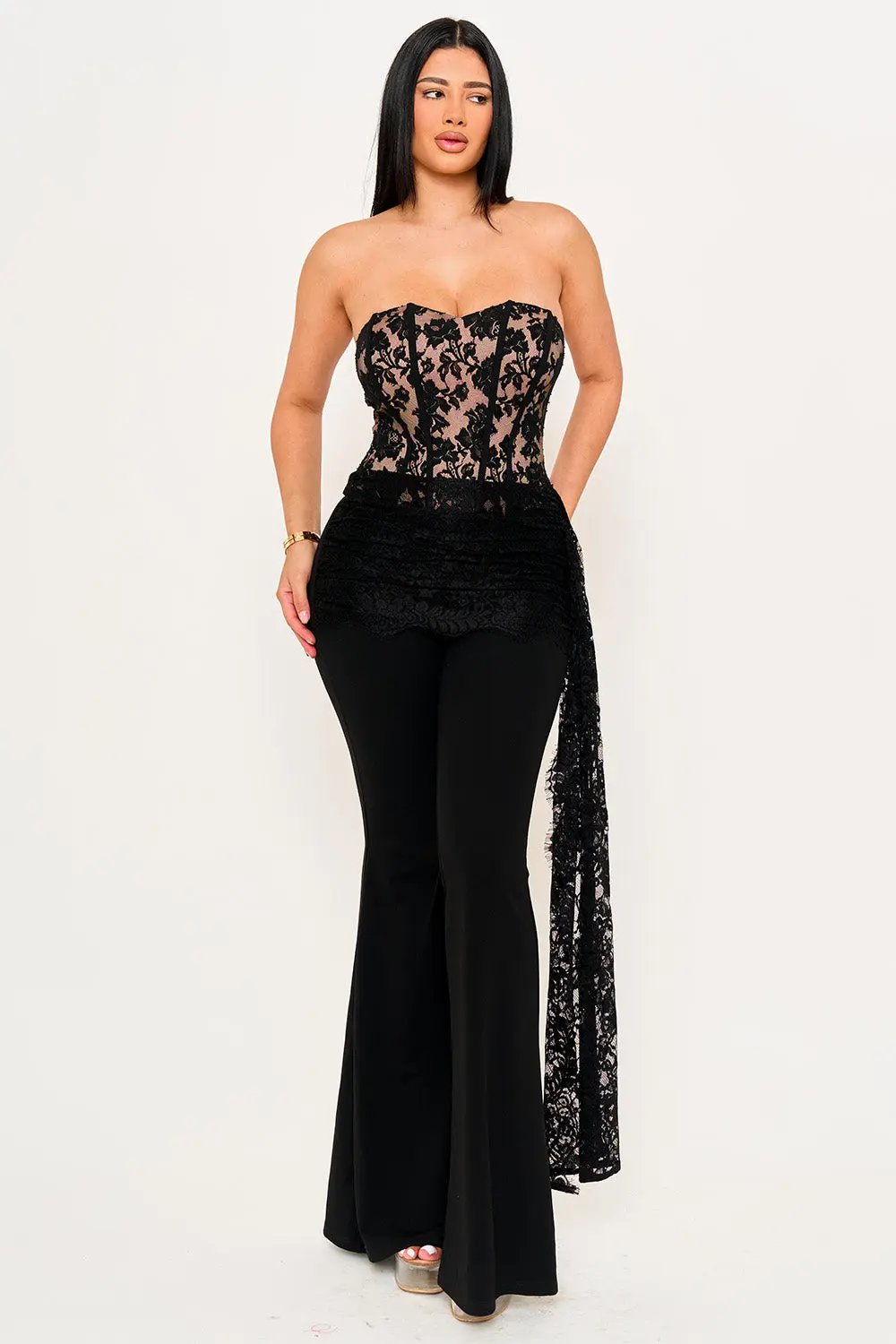Lace Bustier Jumpsuit With Shirring Lace Detail & Bell Bottom BOUTINIE