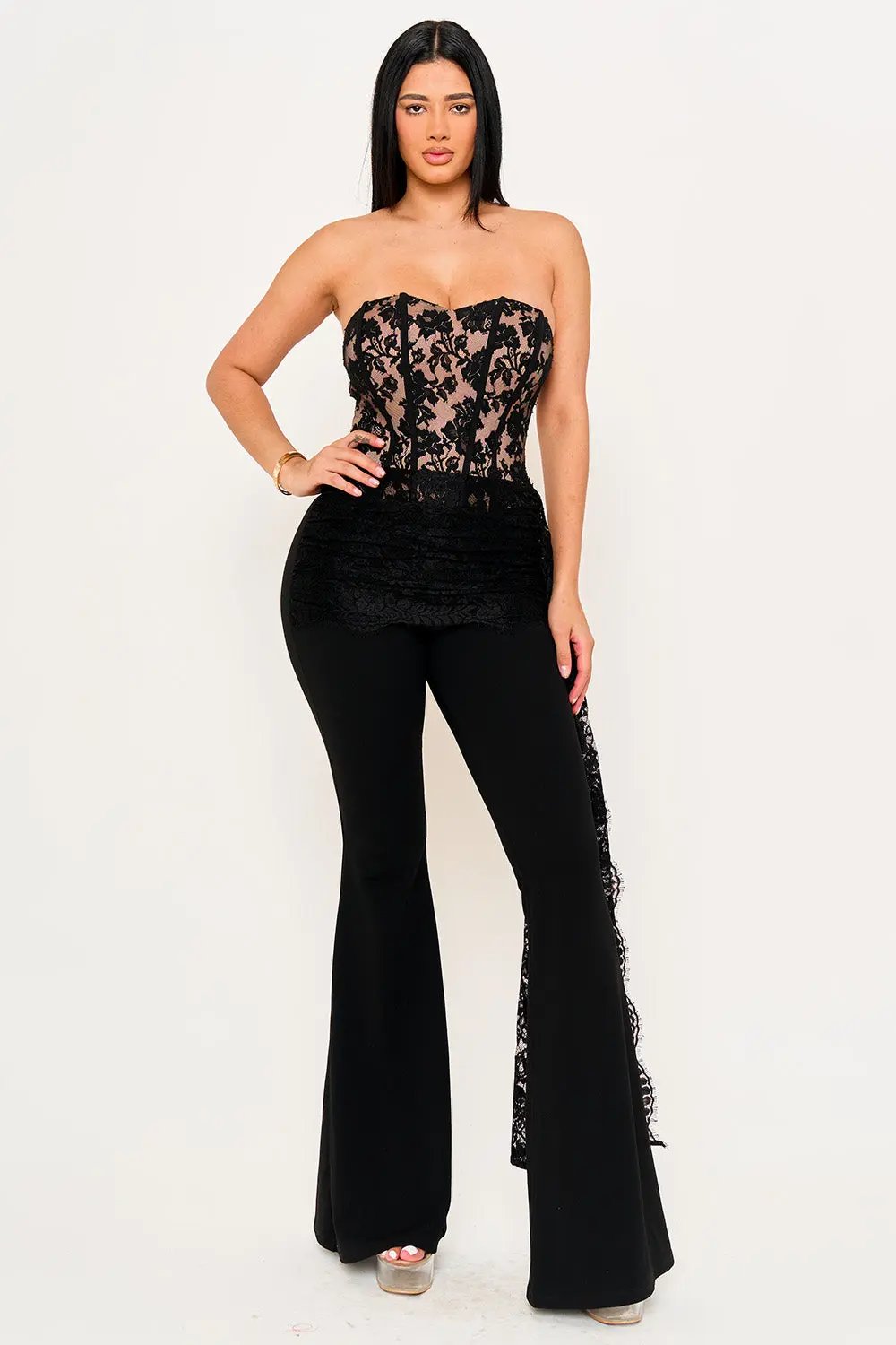 Lace Bustier Jumpsuit With Shirring Lace Detail & Bell Bottom BOUTINIE