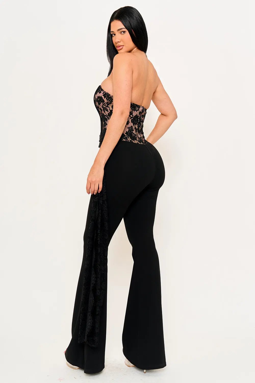 Lace Bustier Jumpsuit With Shirring Lace Detail & Bell Bottom BOUTINIE