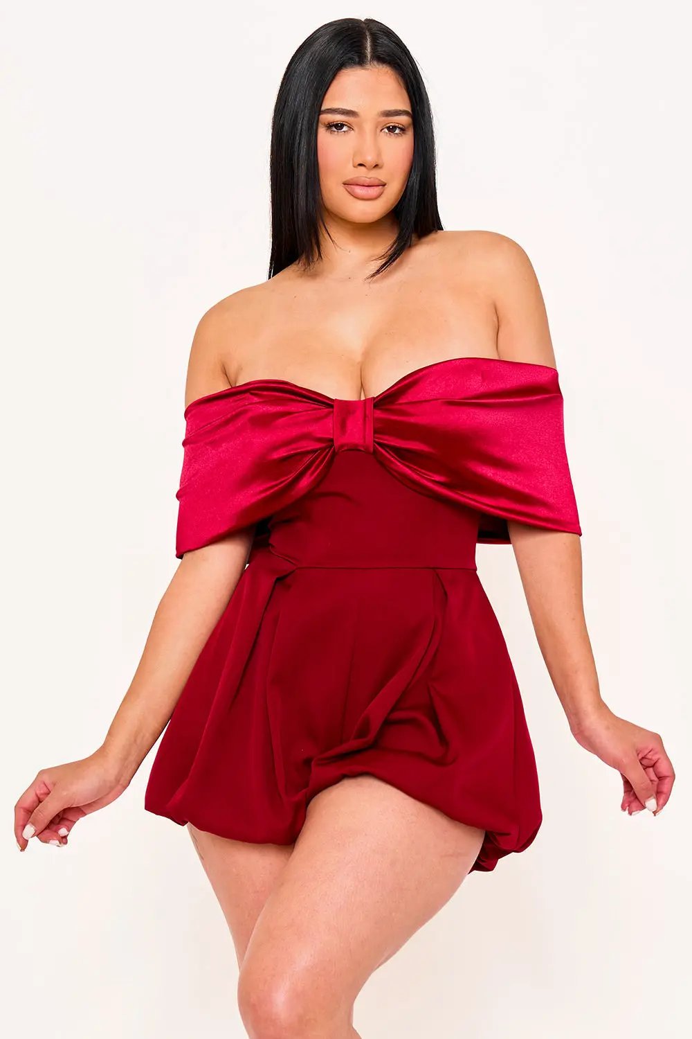 Off Shoulder Romper - Satin Bow Front With Puffy Shorts BOUTINIE