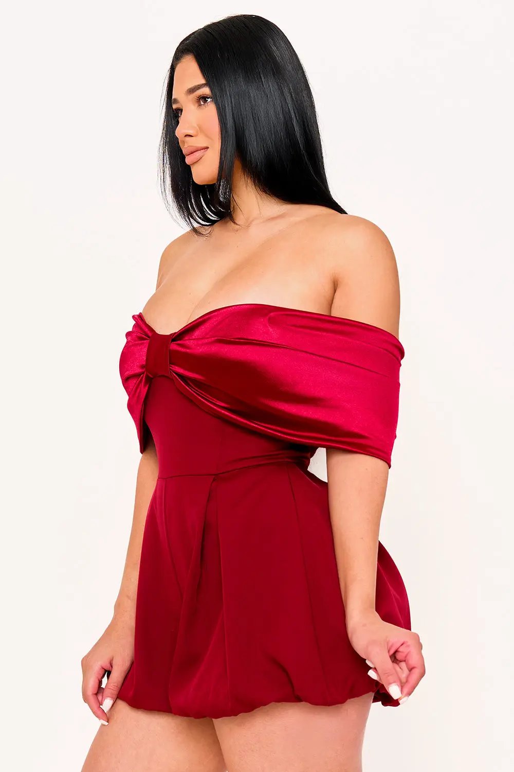 Off Shoulder Romper - Satin Bow Front With Puffy Shorts BOUTINIE