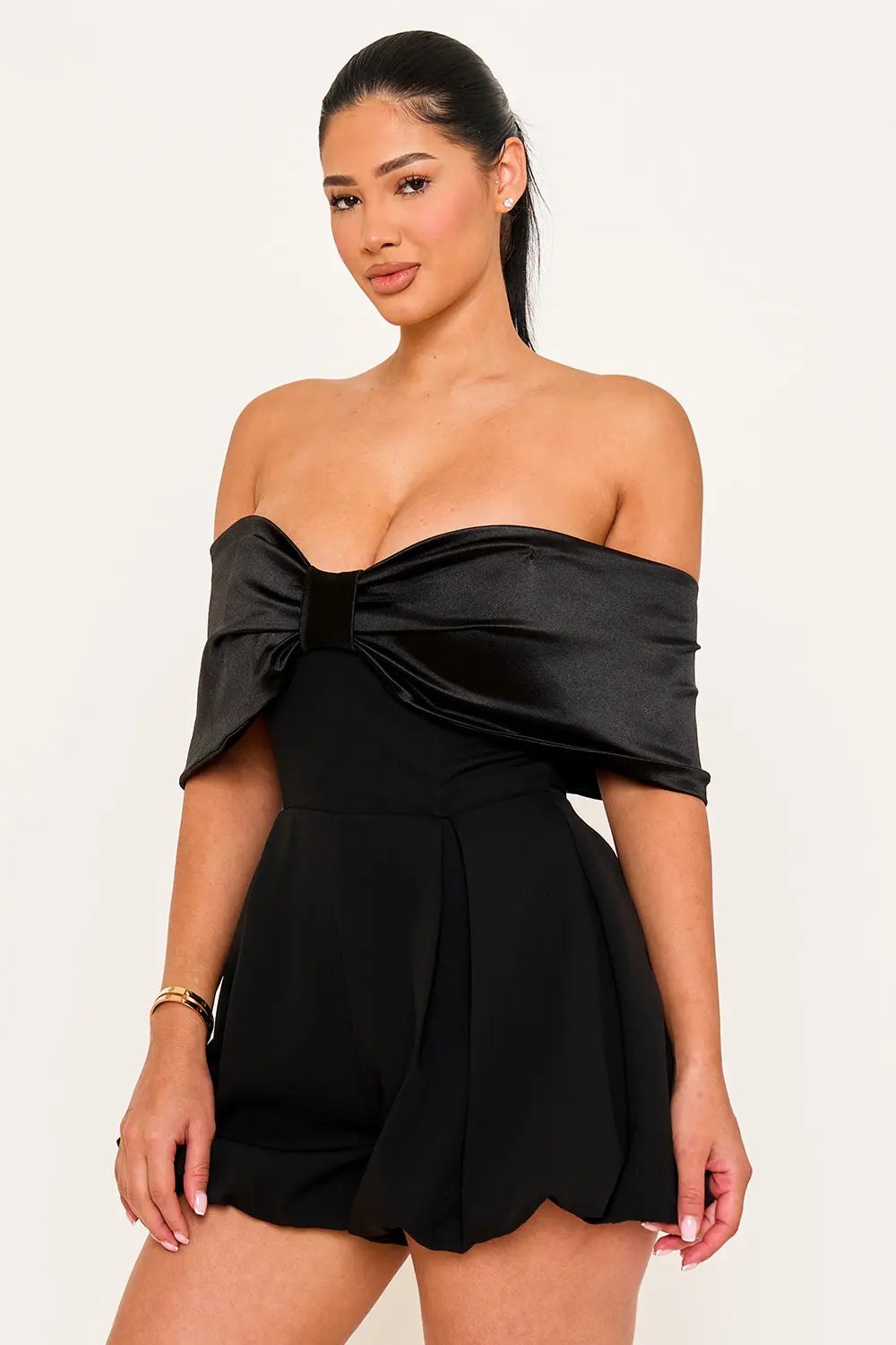 Off Shoulder Romper - Satin Bow Front With Puffy Shorts BOUTINIE