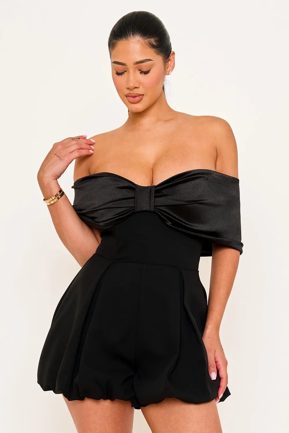 Off Shoulder Romper - Satin Bow Front With Puffy Shorts BOUTINIE